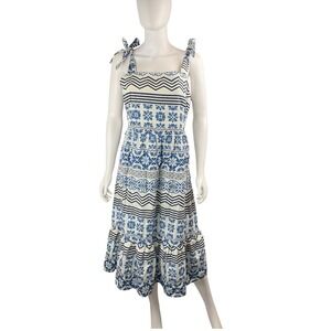 BELLAMBIA Dress XL 97% Cotton Blue Floral‎ White Shoulder Ties  Made in Italy